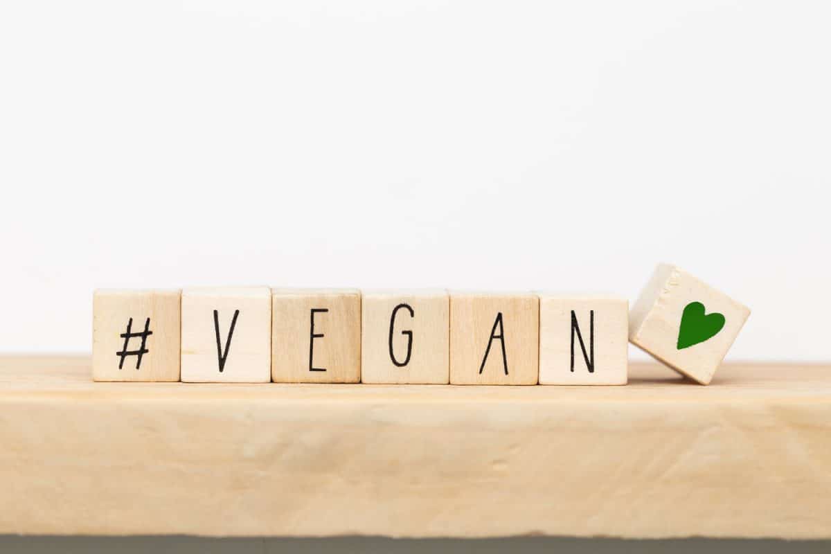 Wooden cubes with a Hashtag and the word vegan, social media concept background close-up