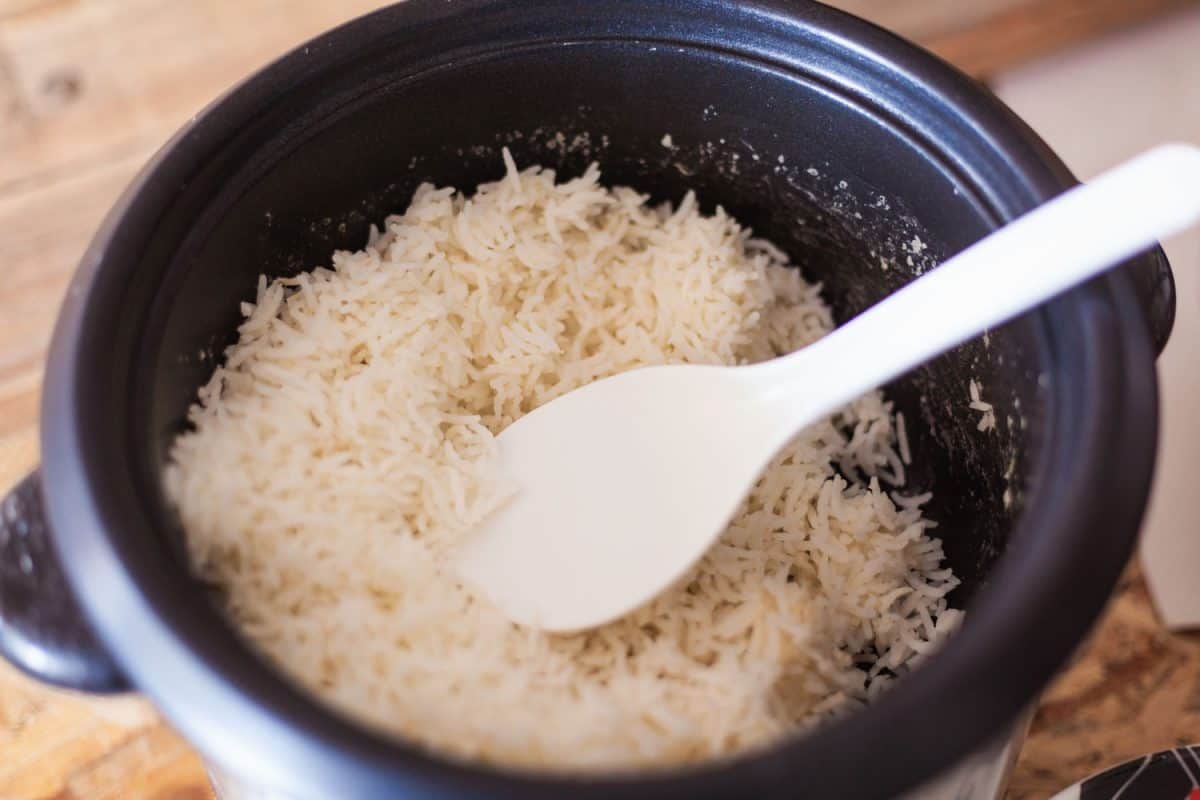 A rice cooker filled with freshly cooked rice