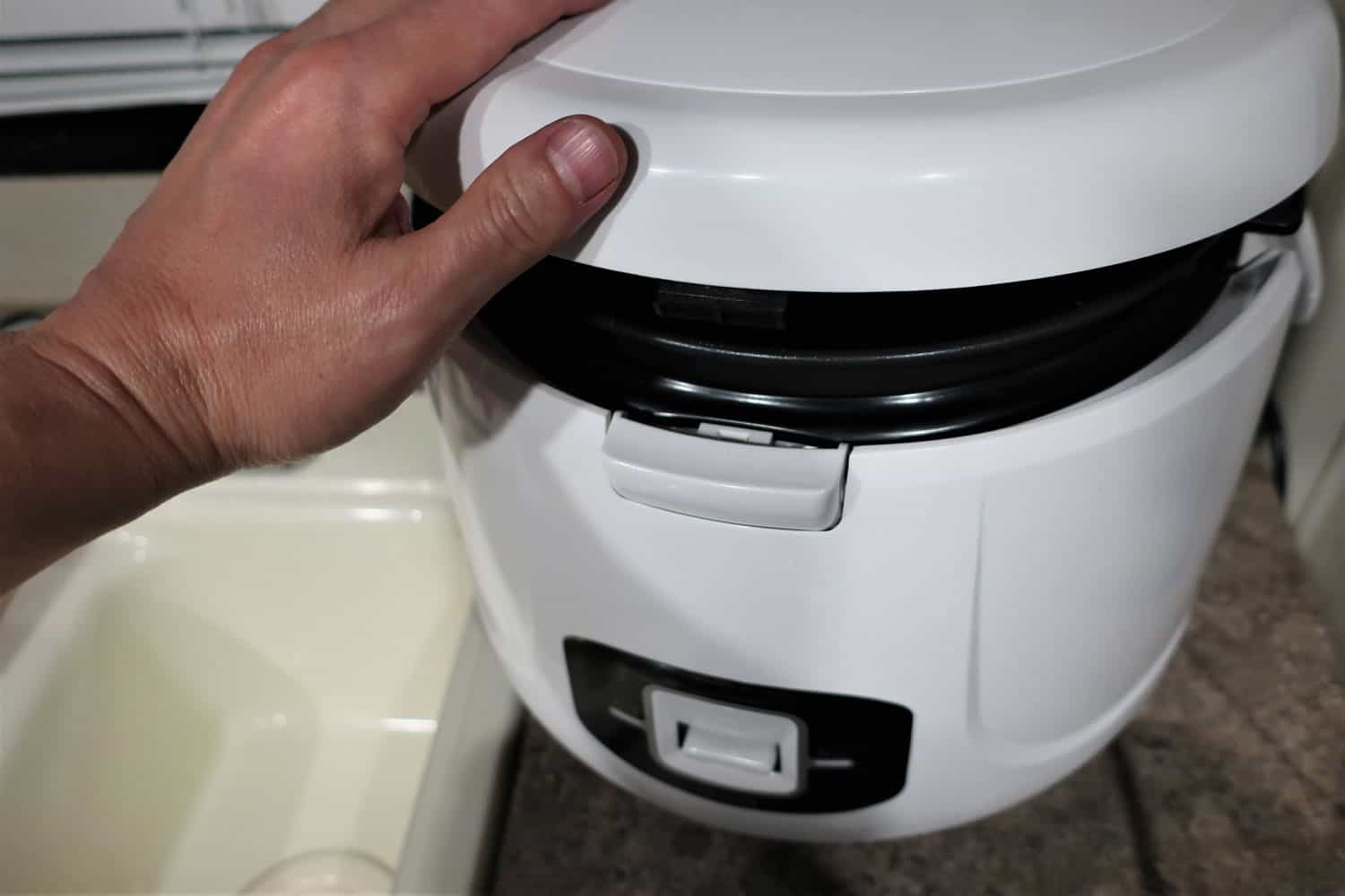 A rice cooker on the kitchen countertop