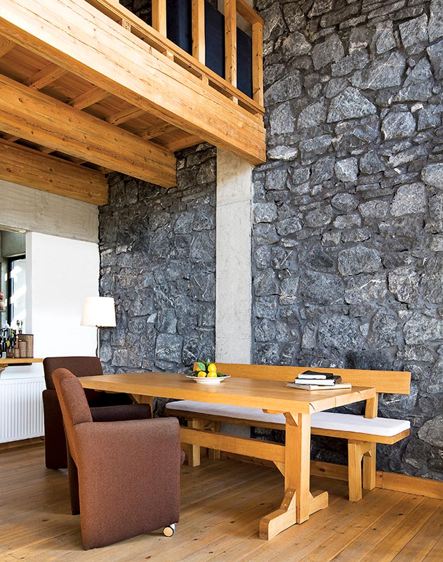 A small dining room in a rustic house
