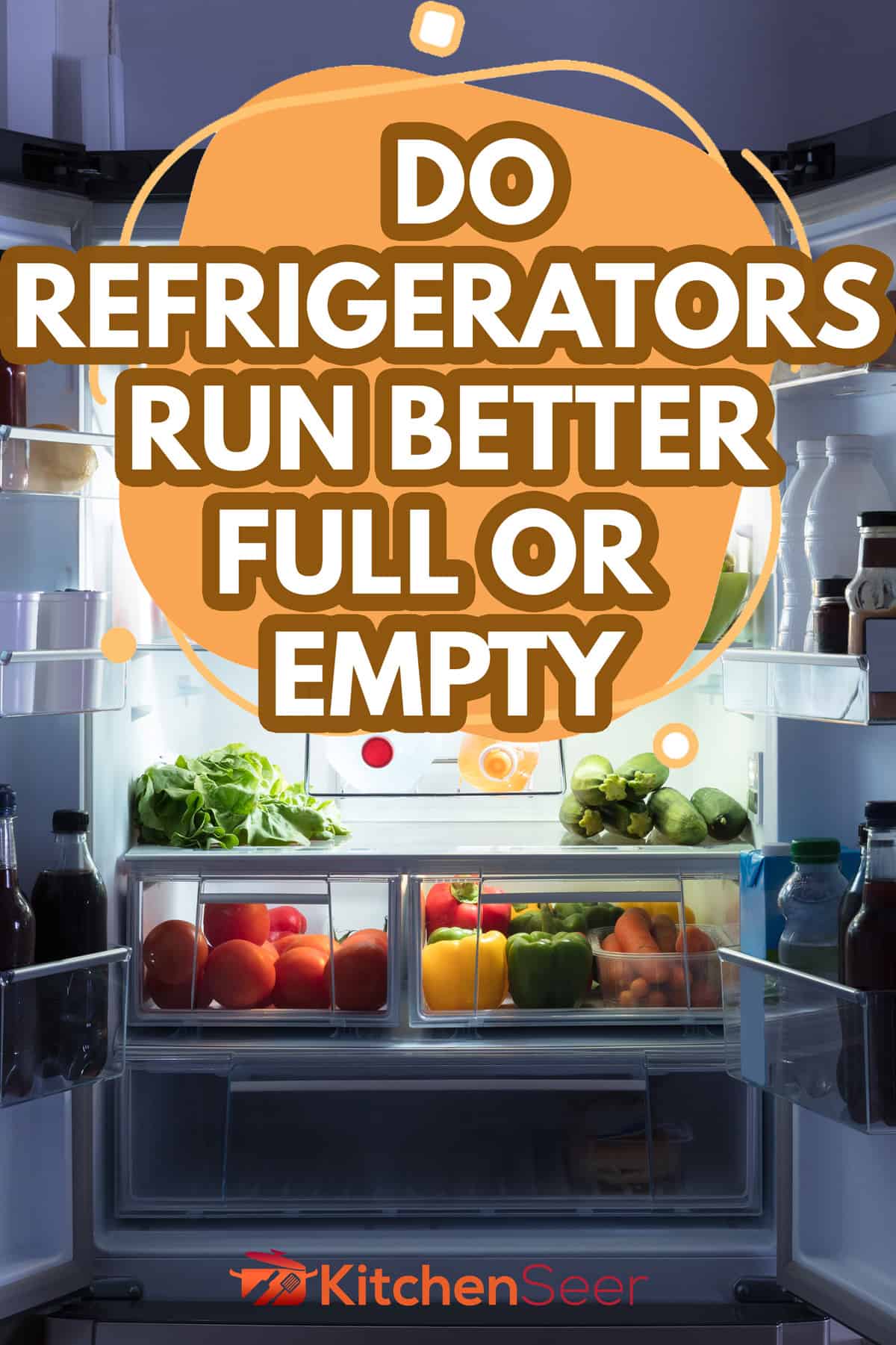 Open refrigerator full of juice and fresh vegetables in kitchen, Do Refrigerators Run Better Full Or Empty?