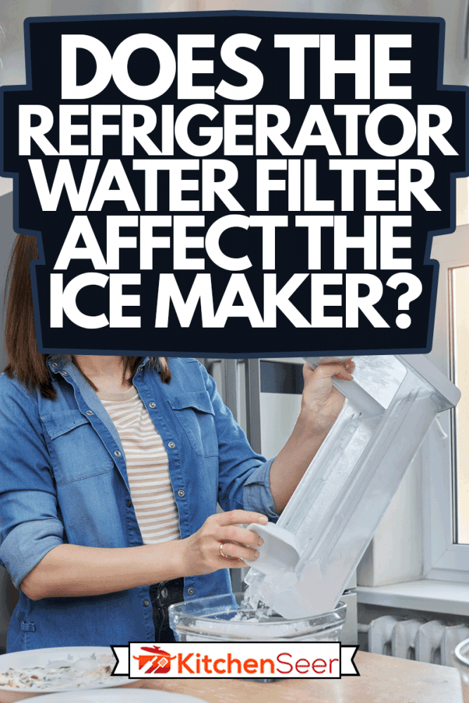 Woman taking ice cubes into bowl in kitchen, modern refrigeration equipment, home chrome refrigerator background, Does The Refrigerator Water Filter Affect The Ice Maker?