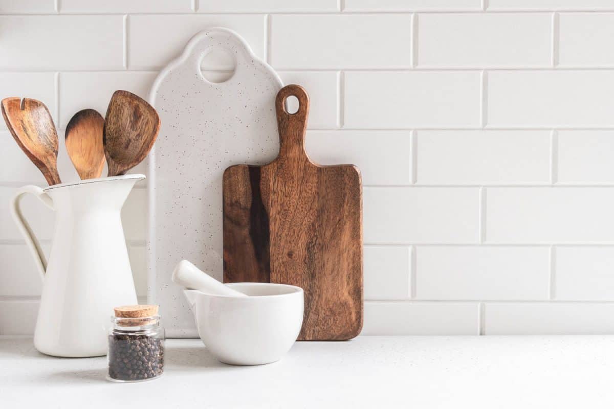 Oak wood and ceramic kitchen utensils in the kitchen