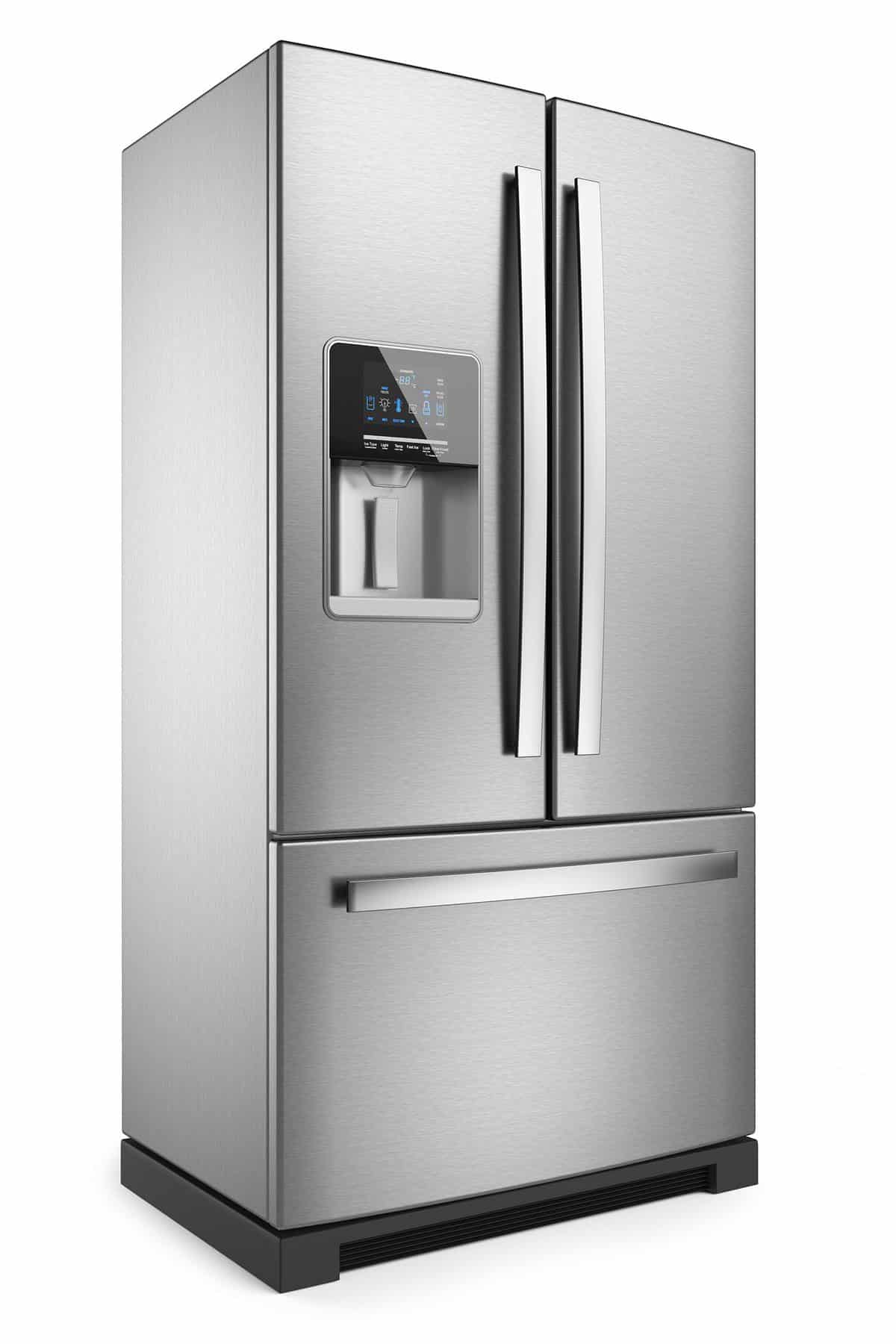 Silver home fridge isolated on white background