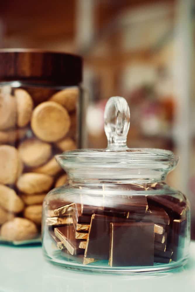 A glass container for chocolate biscuits