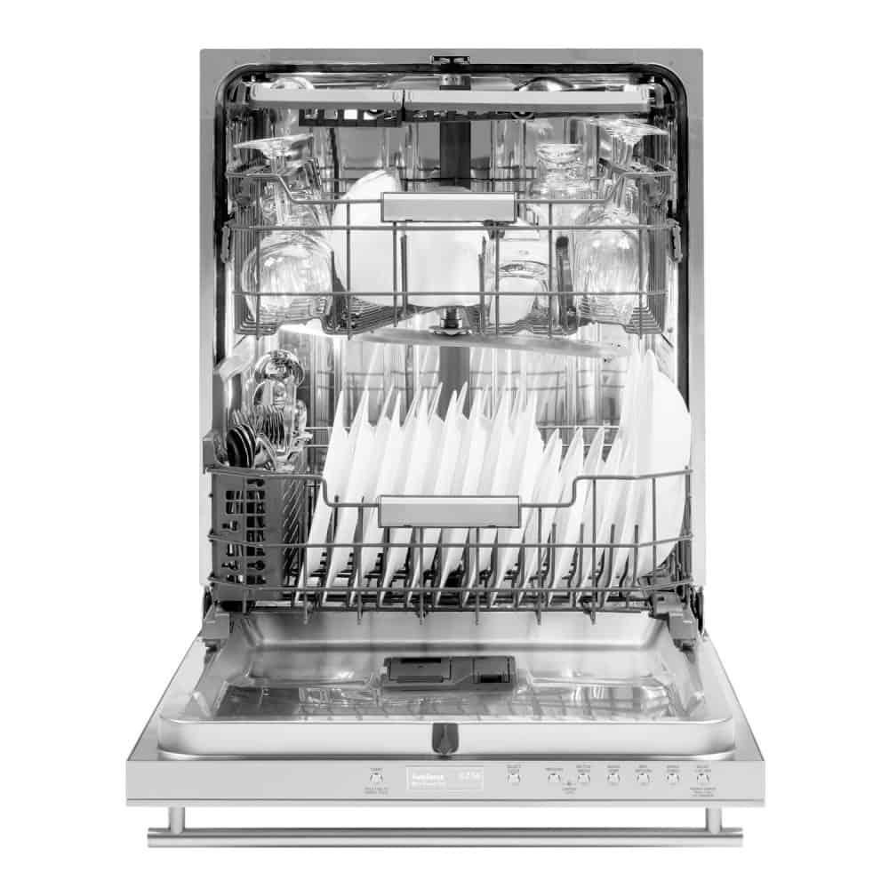 An opened dishwasher filled with newly washed dishes