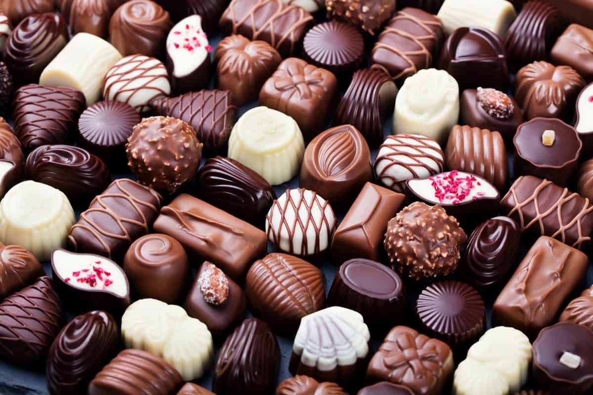 Assortment of fine chocolate candies, white, dark, and milk chocolate