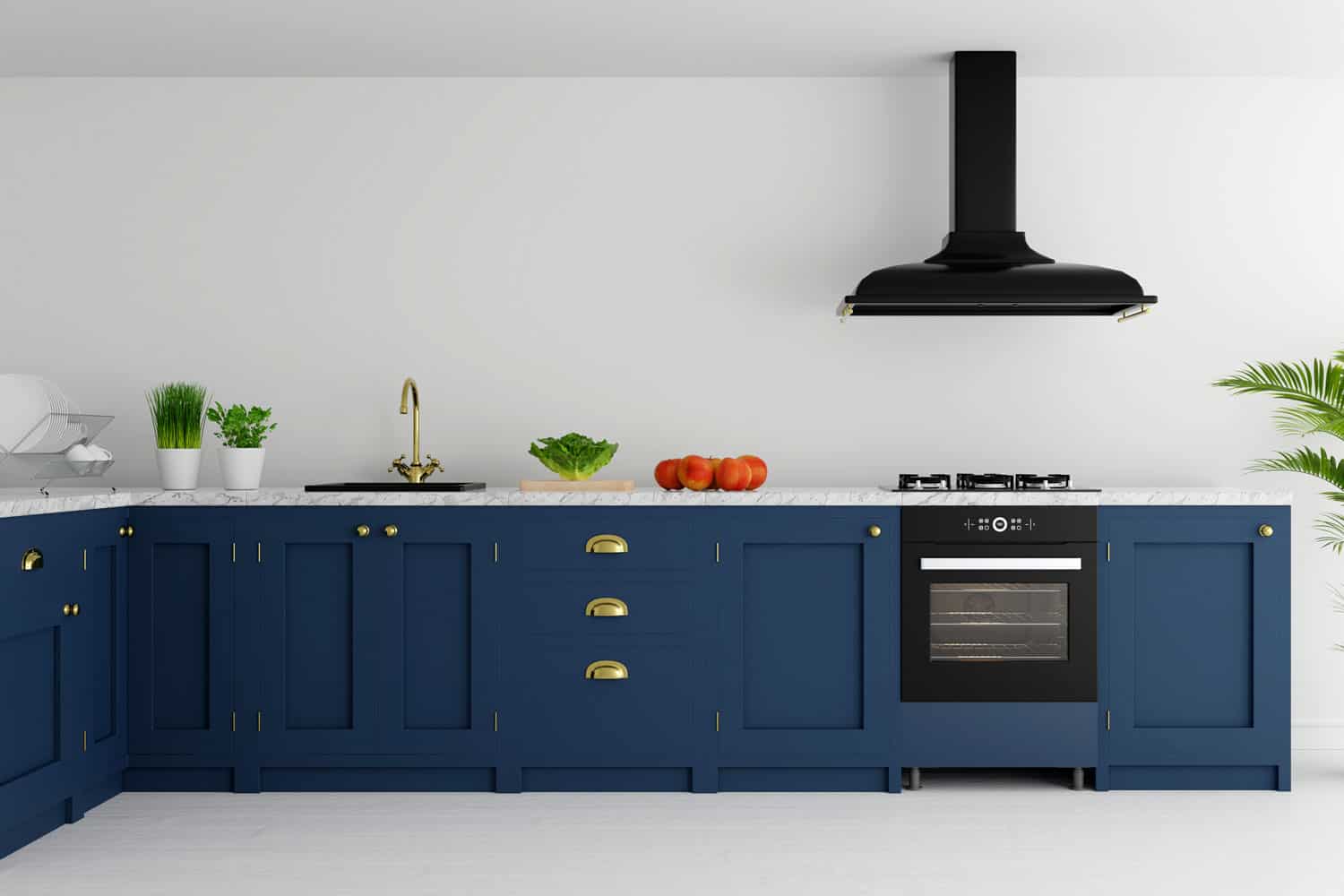 Blue kitchen cabinets combination with black stainless appliances
