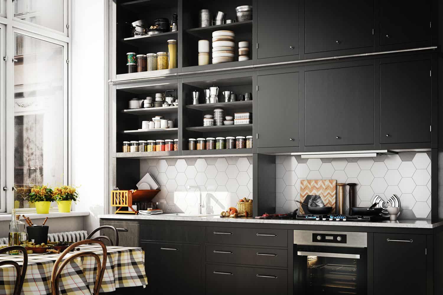 Color compatibilities of kitchen cabinet and black stainless appliances