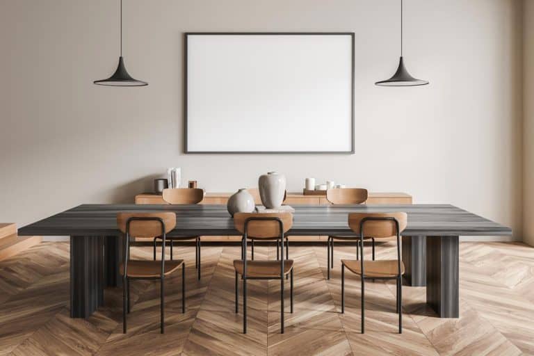A dining room interior with dark wood table and floor, What Color Dining Table For Dark Wood Floors?
