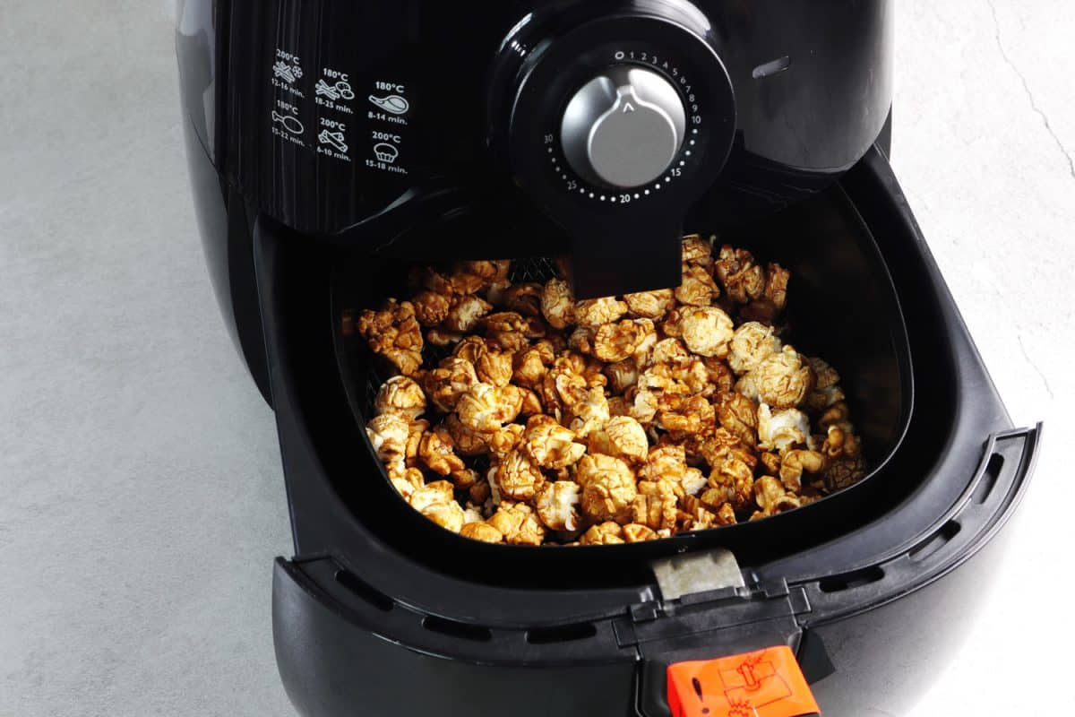 Fresh cooked caramel popcorn in the air fryer 
