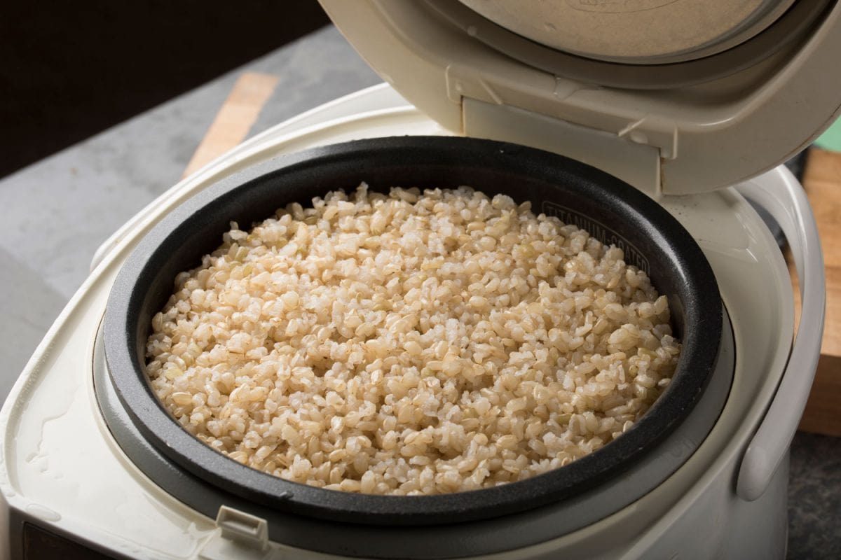 Freshly cooked healthy brown rice in the rice cooker