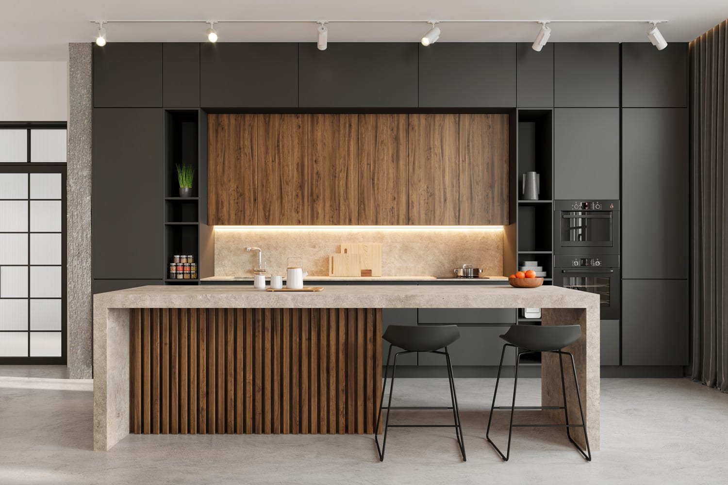 Large modern open space loft kitchen interior with large kitchen island and bar chairs