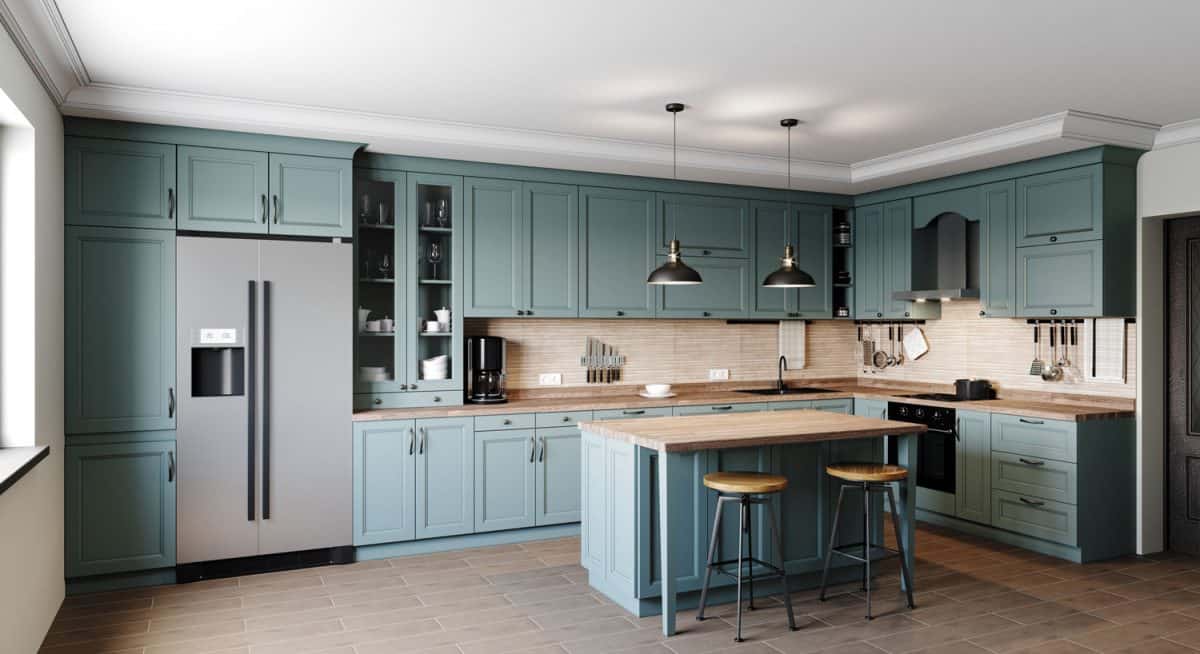 Light blue painted kitchen cabinet panels matched with wooden cabinets