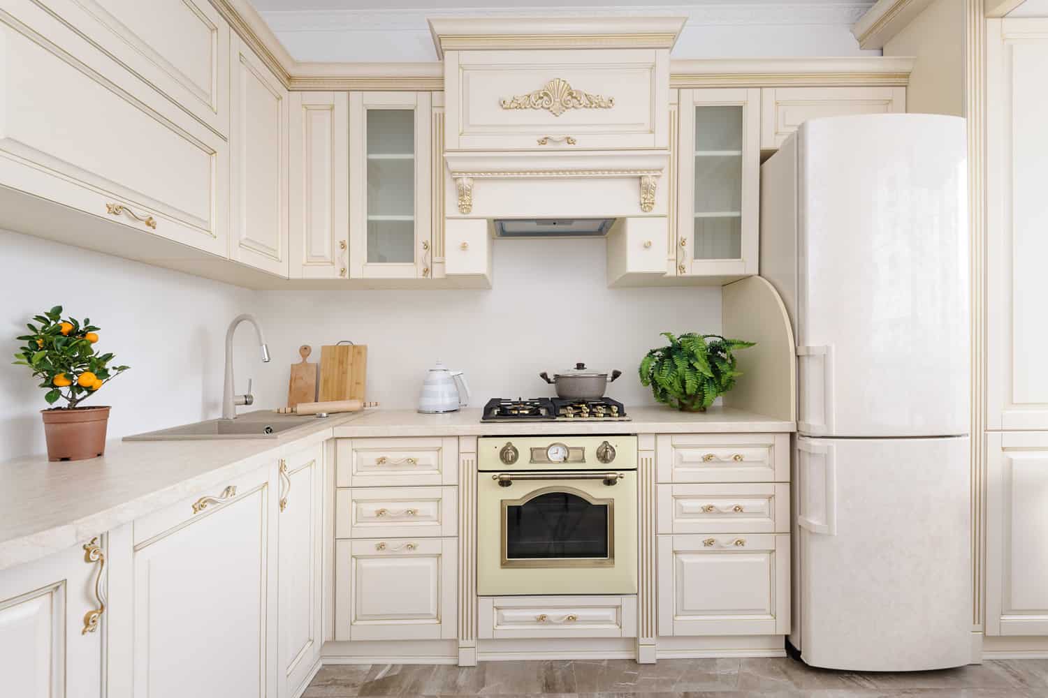 Modern spacioius beige colored luxury kitchen, clean design