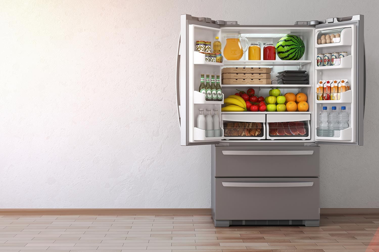 Open fridge refrigerator full of food in the empty kitchen