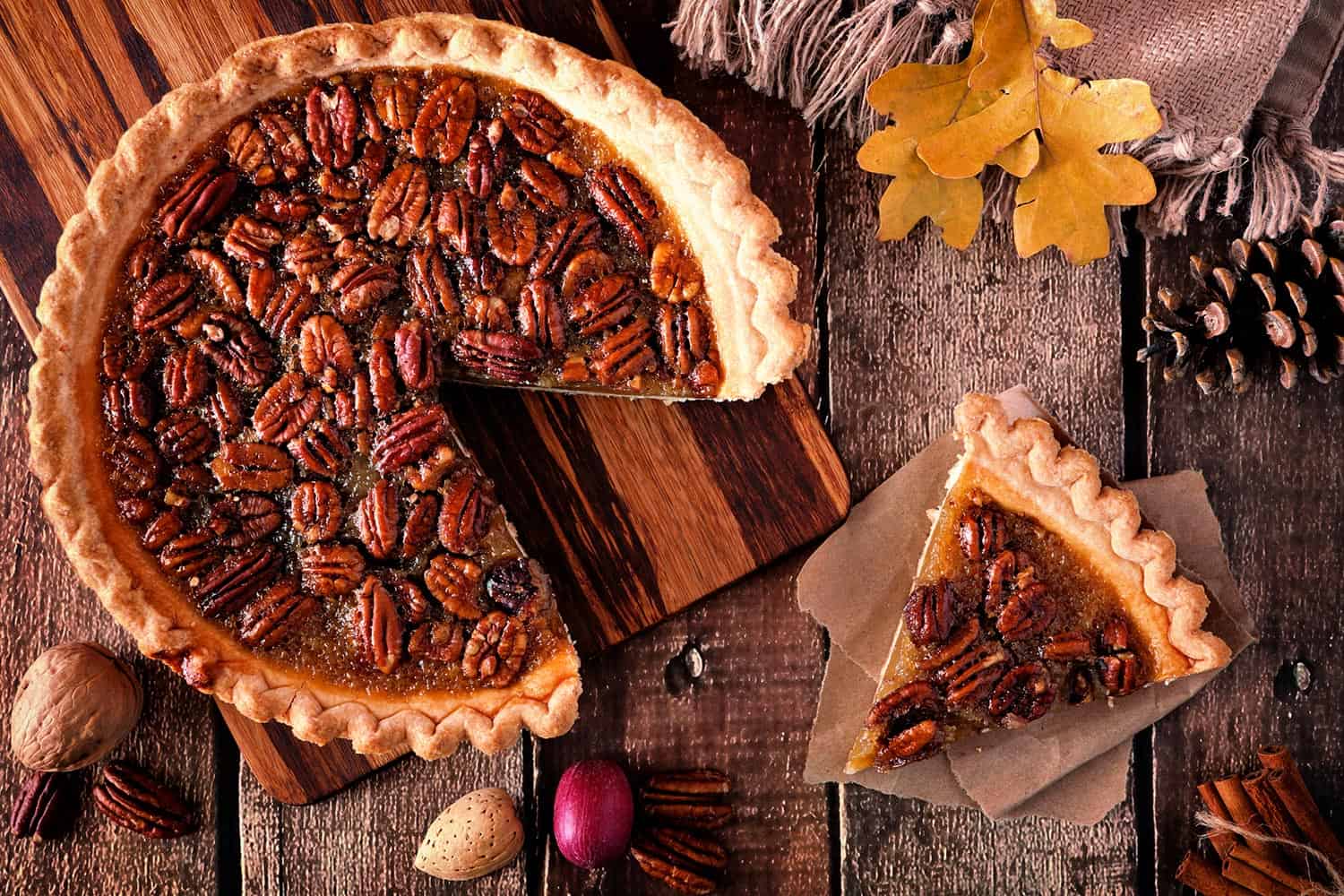 Pecan pie on the wooden table