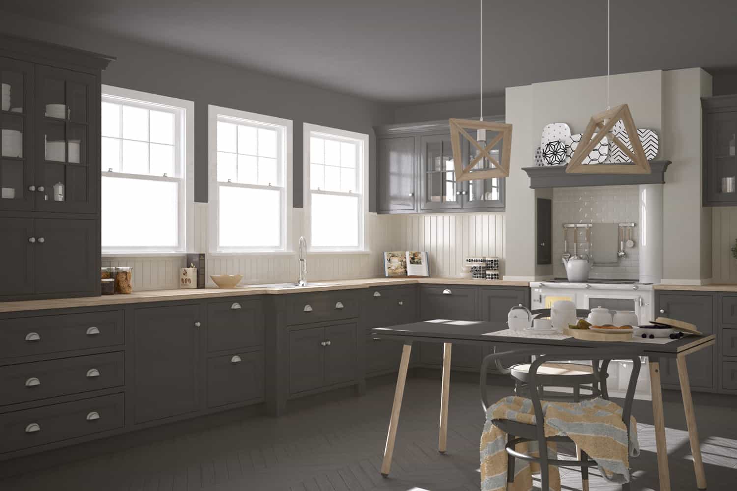 Scandinavian classic gray kitchen with wooden details, minimalistic interior designScandinavian classic gray kitchen with wooden details, minimalistic interior design