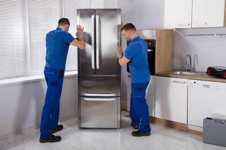 Two Young Male Movers Placing Steel Refrigerator In - Can Refrigerator Doors Be Removed For Delivery