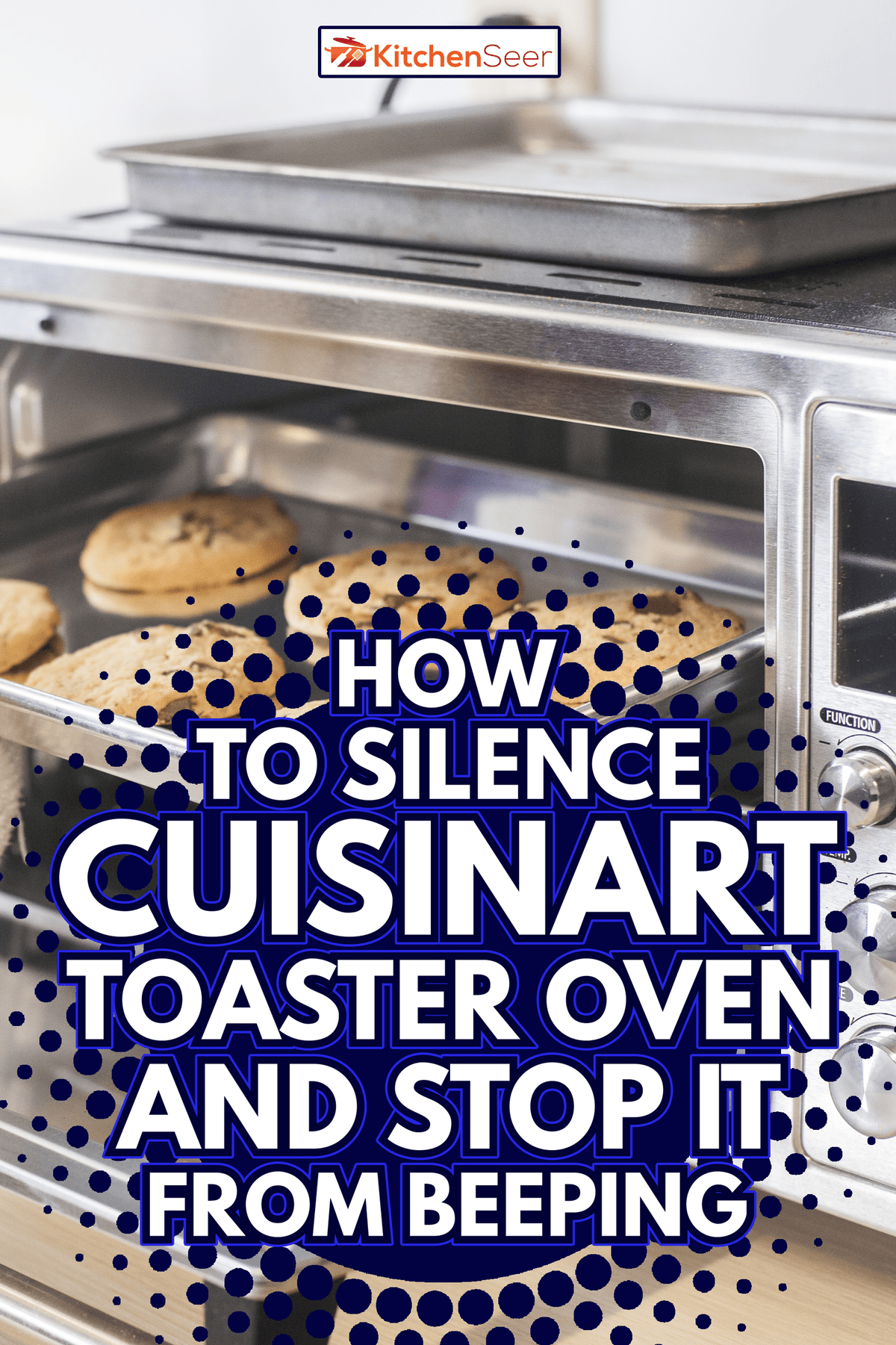 A female hand using a towel to remove a small baking sheet full of chocolate chip cookies from a silver toaster oven. The scene is a brightly lit modern kitchen counter. - How To Silence Cuisinart Toaster Oven And Stop It From Beeping