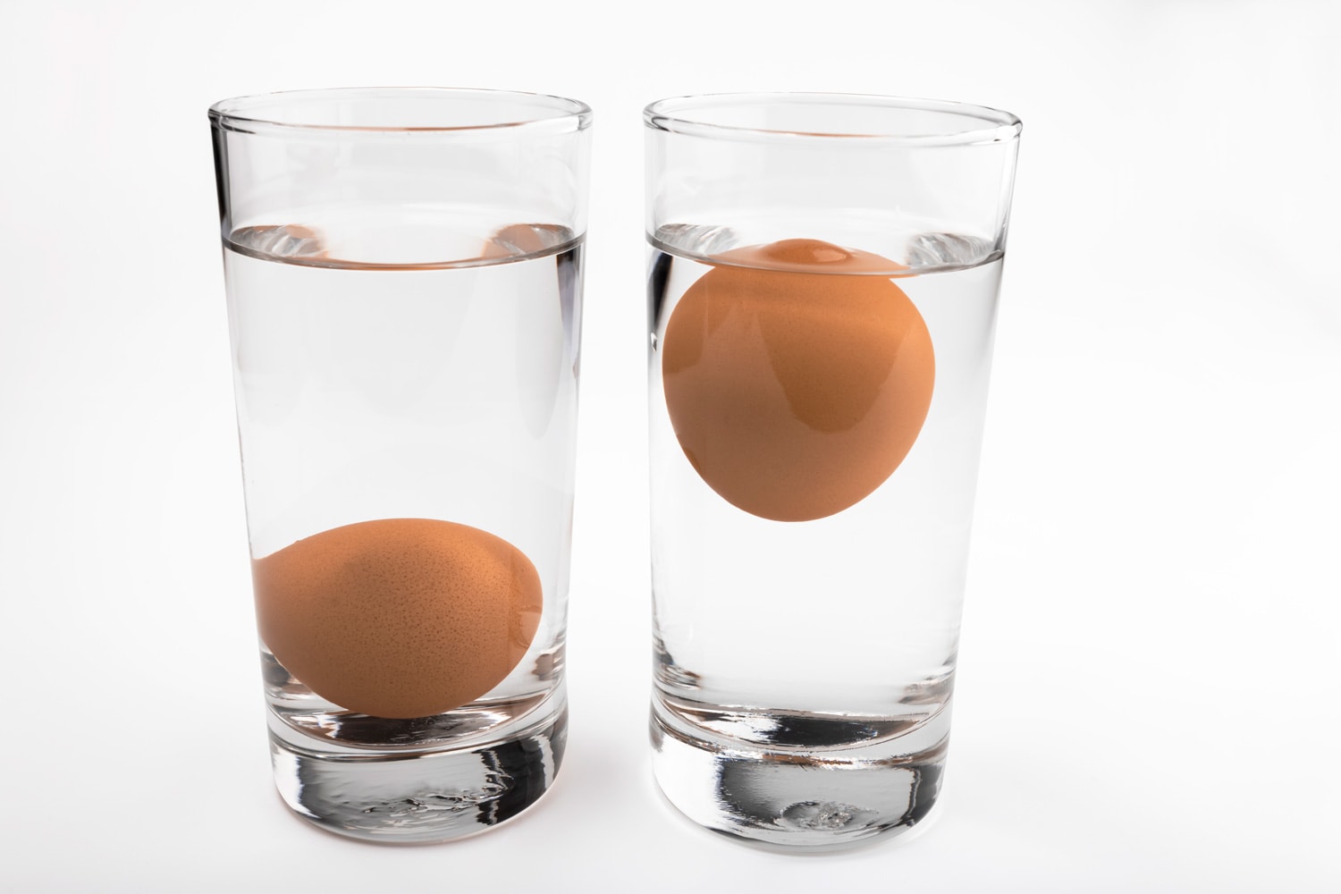 Egg in water test on transparent glass , Egg freshness test on white isolated background
