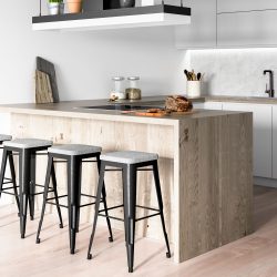 Four metal bar stools matching the breakfast bar with white kitchen cabinets and cupboards, What Color Paint Goes With Beige Tile In The Kitchen? [14 Great Ideas!]