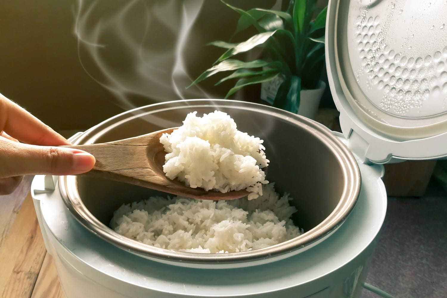 Jasmine rice cooking in electric rice cooker with steam. Soft Focus, Rustic tone picture.