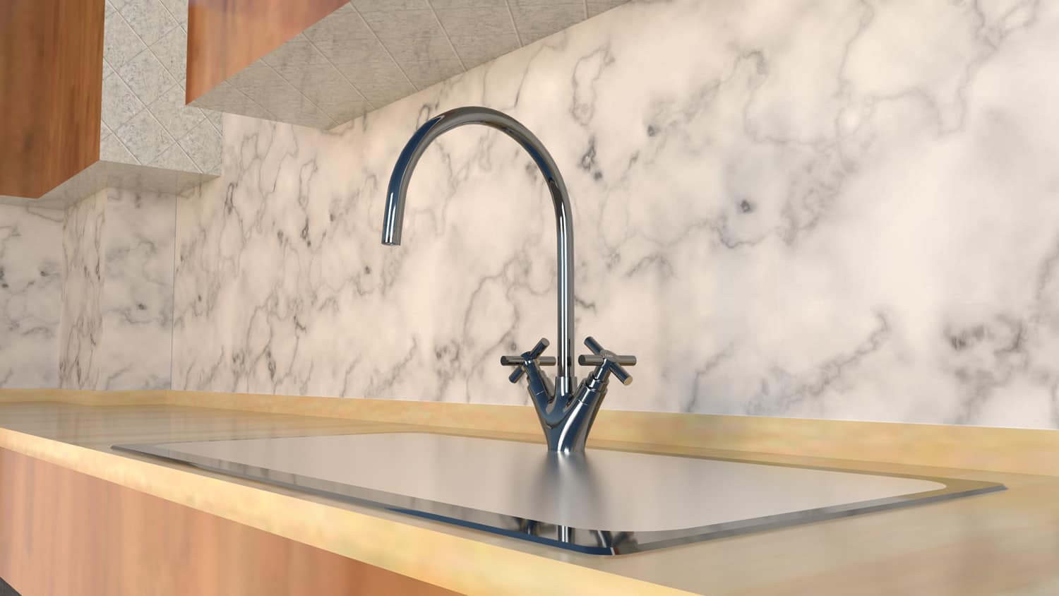 Sink in chrome color, included in kitchen base units with light wood finishes, with cover for the water well and wall finished in marble and warm light