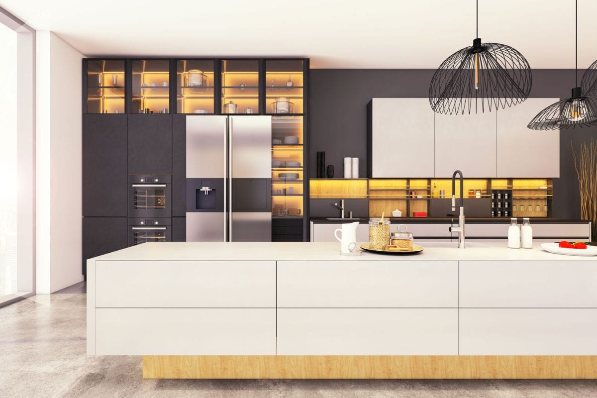 Ultra modern luxurious kitchen with white kitchen island and matched with black wall backsplash