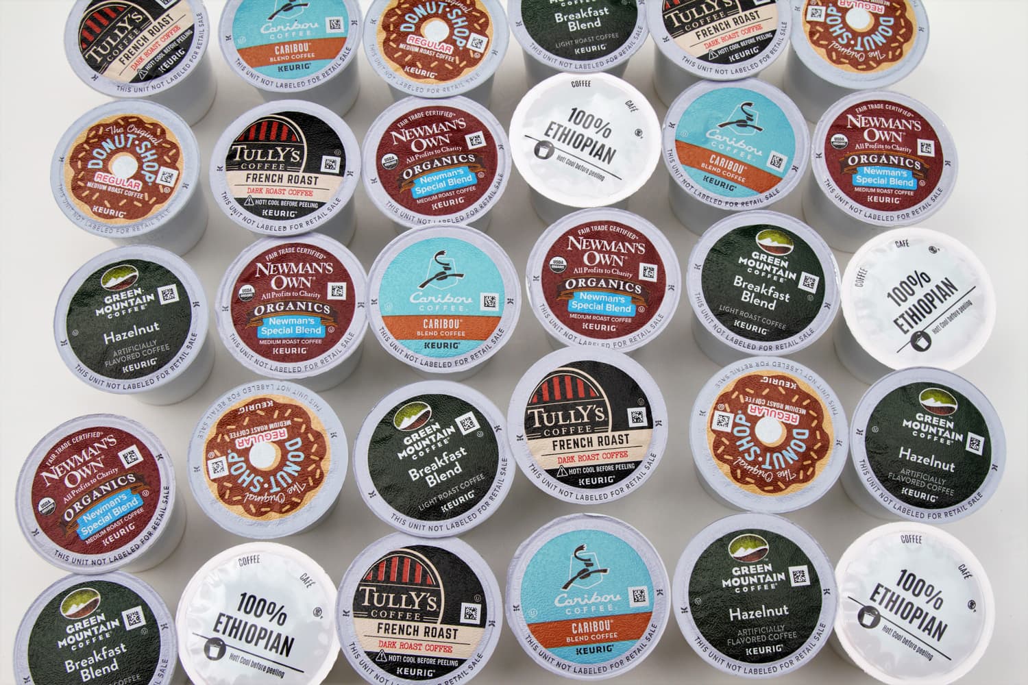 Various brands of coffee pods for Keurig single cup coffee makers