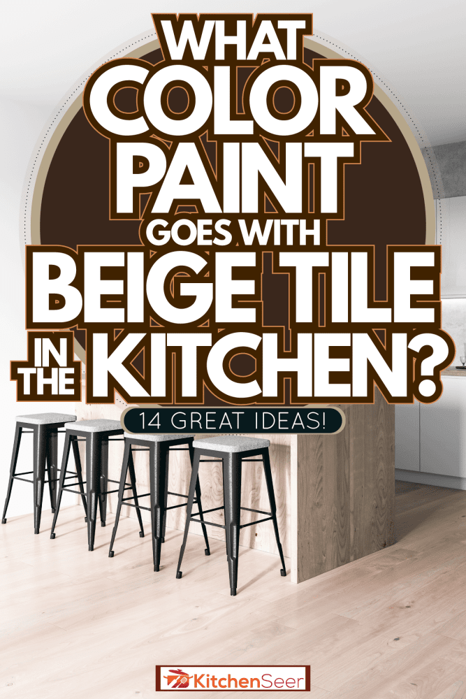 Four metal bar stools matching the breakfast bar with white kitchen cabinets and cupboards, What Color Paint Goes With Beige Tile In The Kitchen? [14 Great Ideas!]