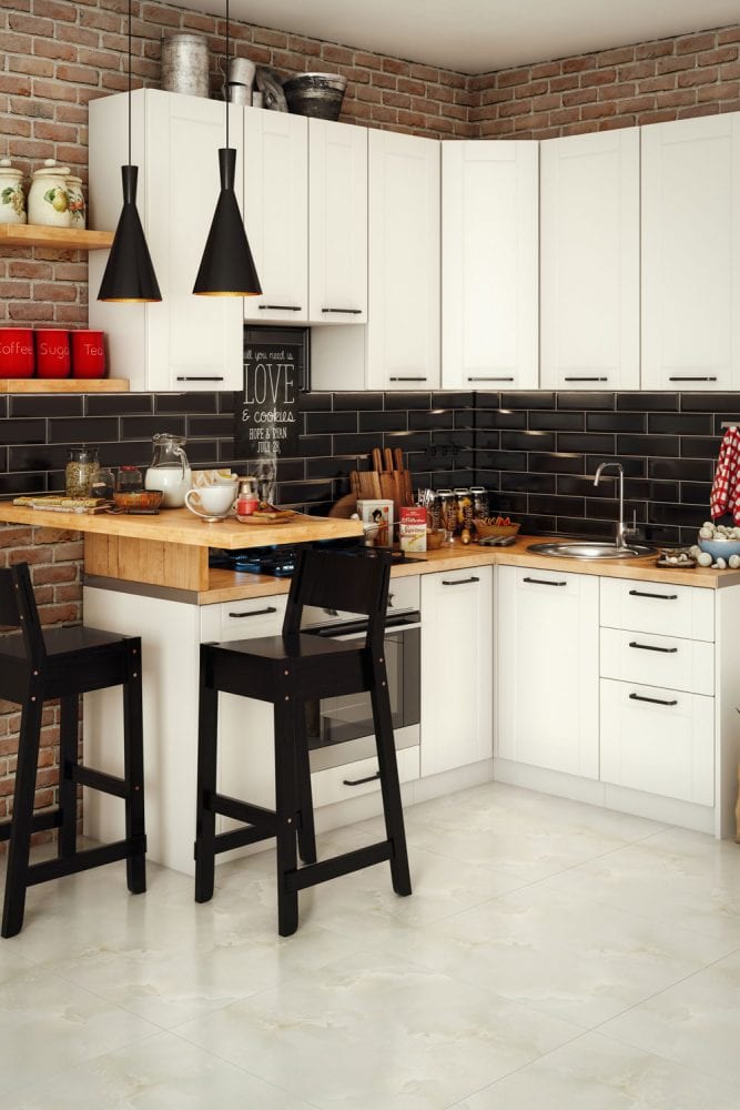 White kitchen cupboards and cabinets matched with wooden kitchen countertop and black bar stools