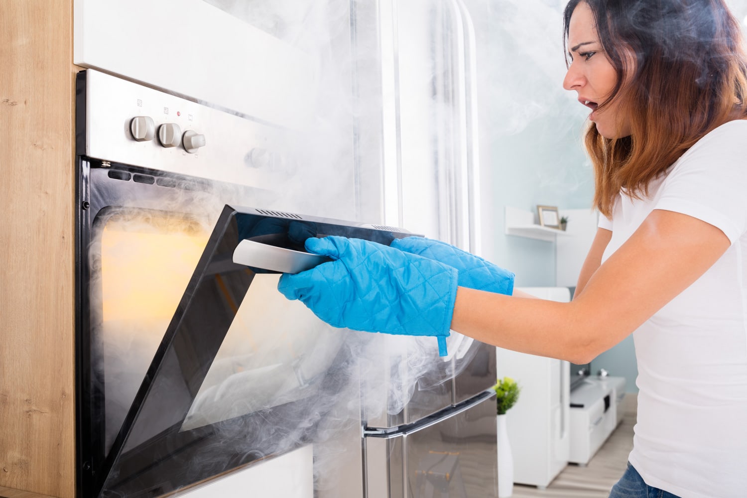 Young Unhappy Woman Opening Door Of Oven With Full Of Smoke