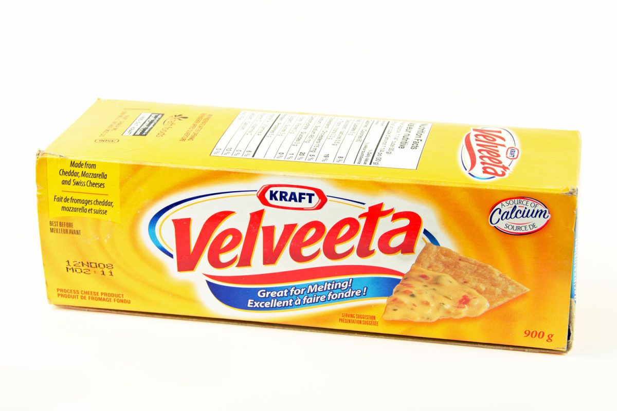 A box of delicious Velveeta cheese on a white background