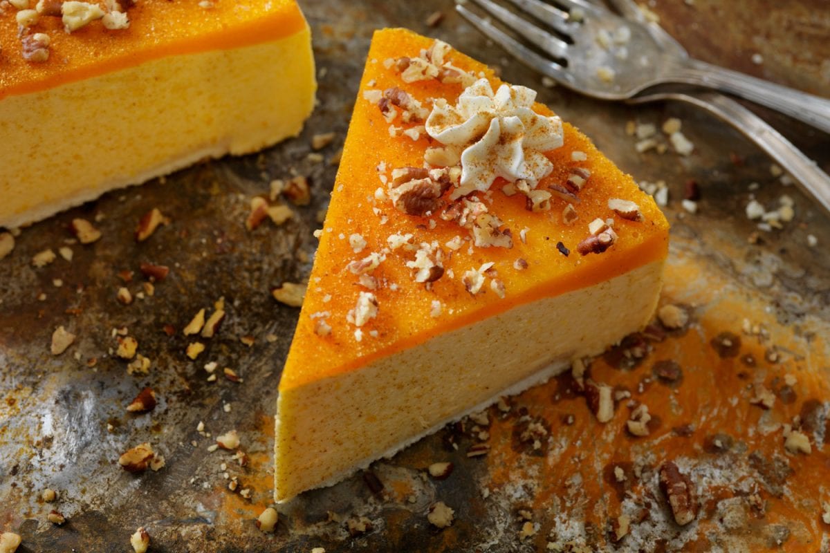 A delicious slice of no-bake pumpkin slice cheesecake