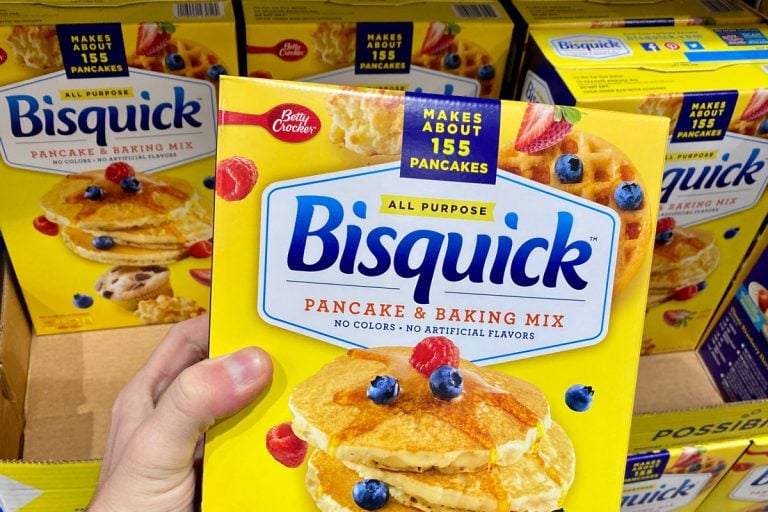A large box of Bisquick all purpose pancake and baking mix, Can You Use Bisquick Instead Of Flour? [For Gravy, Dumplings, Waffles, And More]