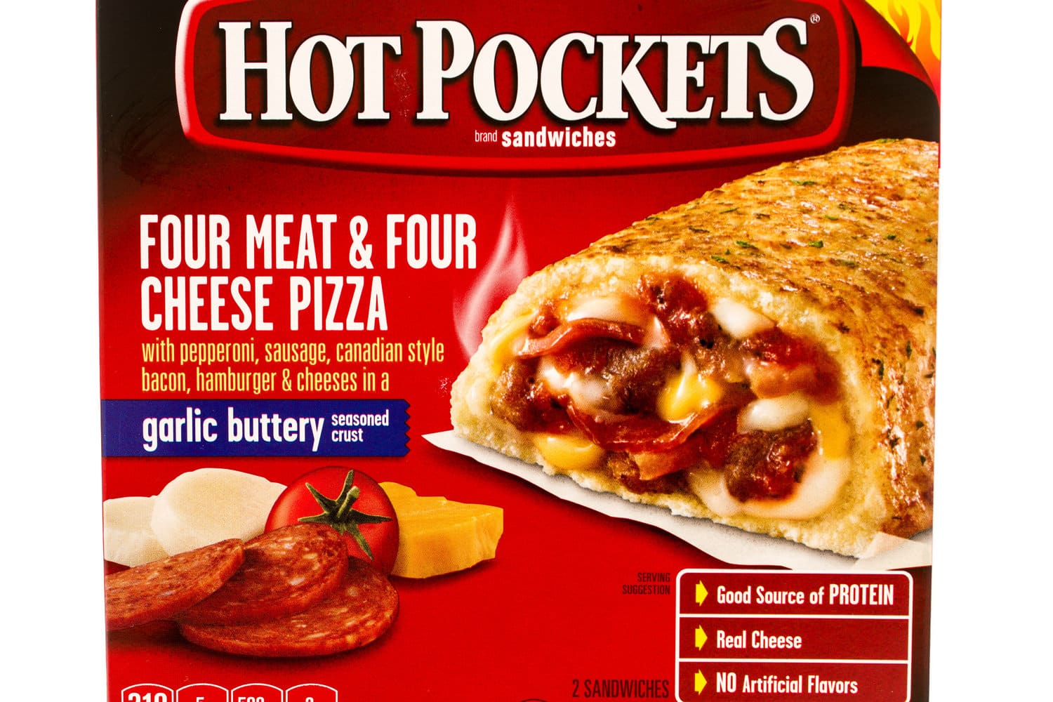 Box of Hot Pockets in four meat & four cheese pizza flavor.