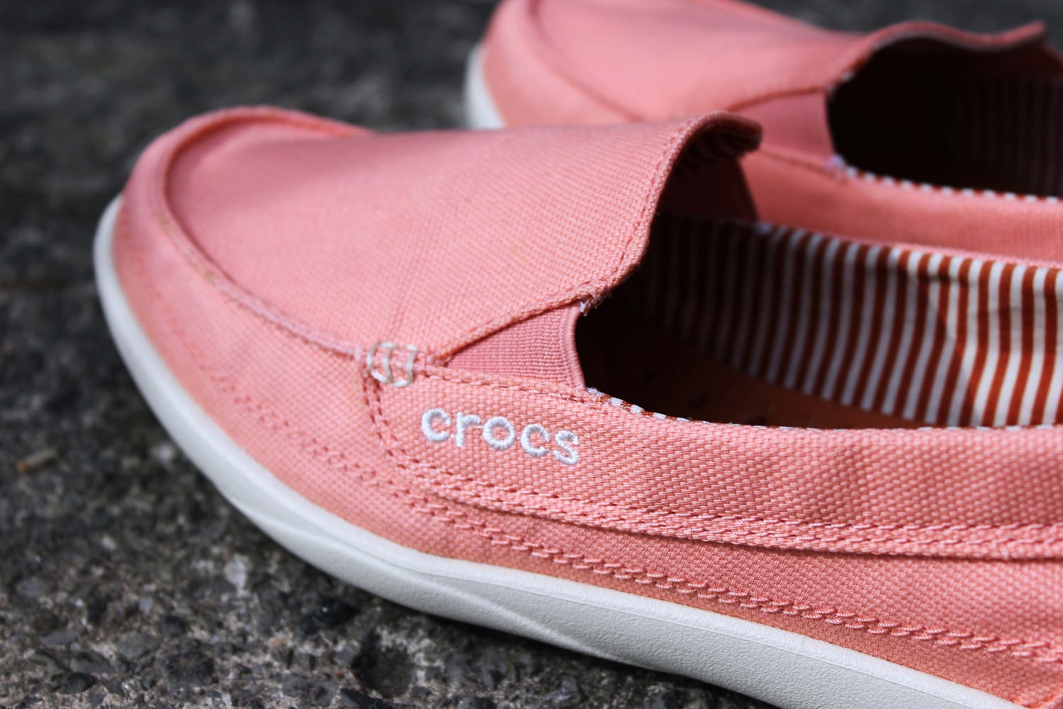 Close up of Crocs branded Canva Women's shoes. 