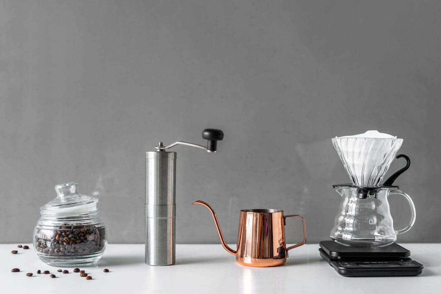 Coffee brewing tools in modern style for homemade on white table