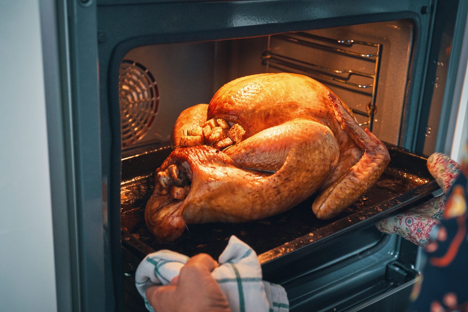 Cook removing a nicely roasted turkey from the oven, What Side Is Breast Up On A Turkey?