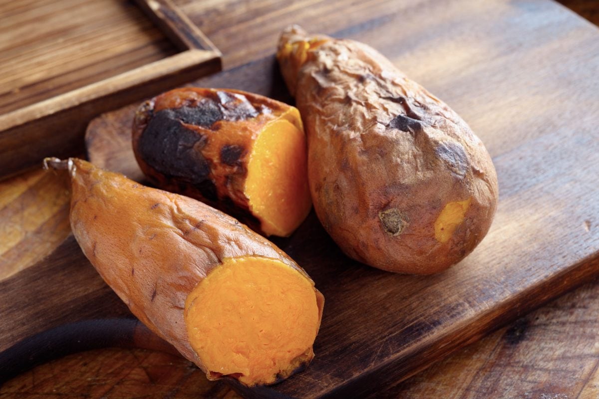 Over roasted sweet potatoes on the table