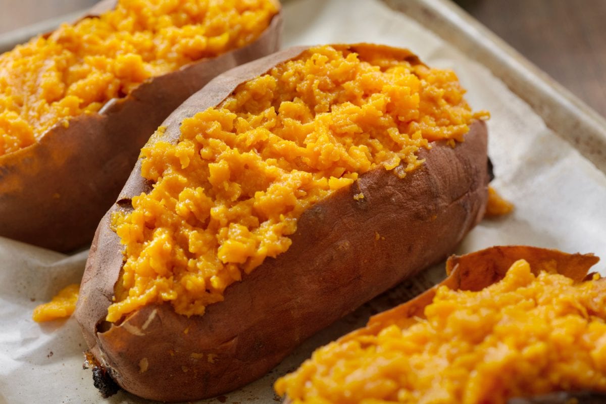 Perfectly baked sweet potatoes mixed with cheese, At What Temperature To Bake Sweet Potatoes?