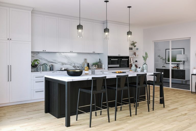 Picture of modern black and white kitchen. Render image - How Much Should A Breakfast Bar Overhang