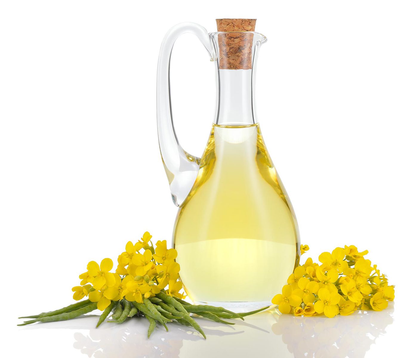 Rapeseed oil in decanter oilseed rape flowers and seeds