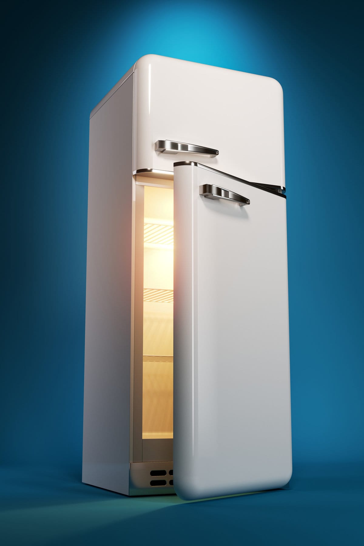 White classic fridge with open door and empty inside. 3d render