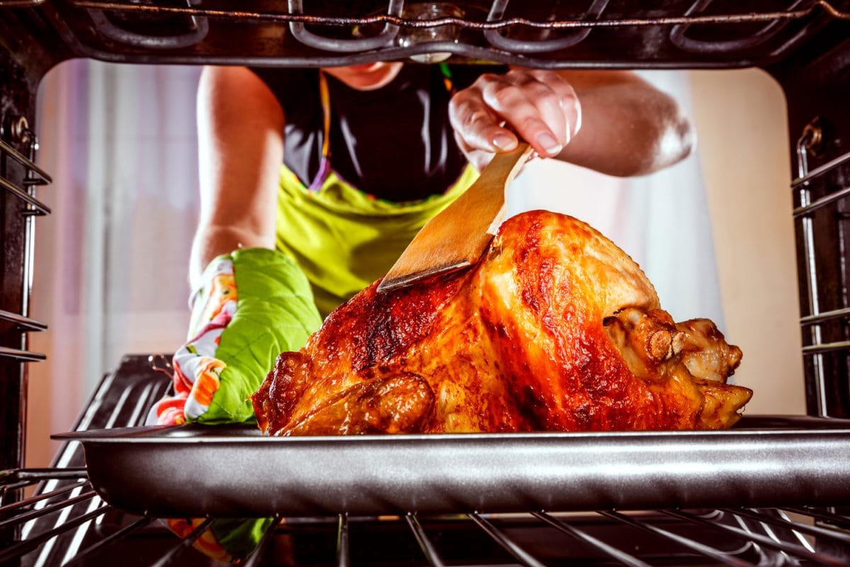 Woman basting a delicious oven roasted turkey