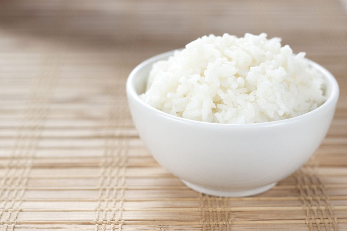 A bowl of white rice on the table