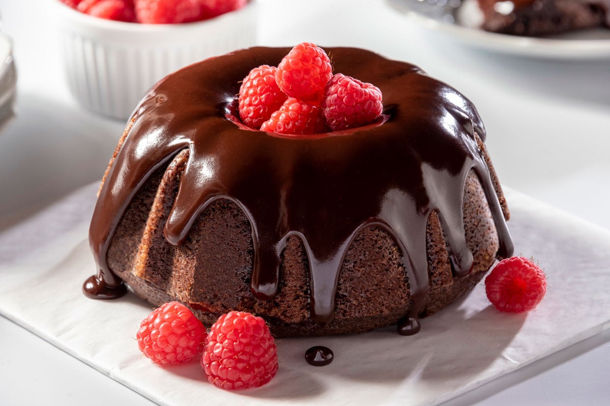 Beautiful mini chocolate bundt cake with chocolate ganache and raspberries