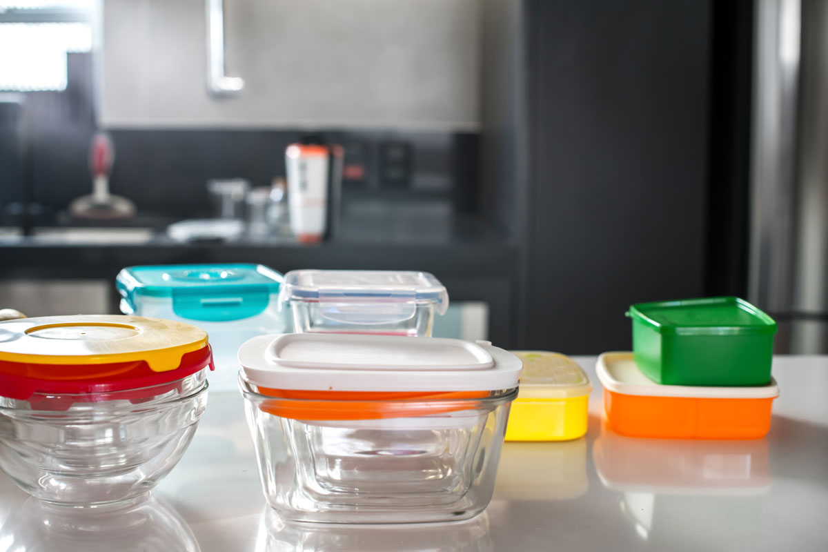 Glass and plastic Tupperware containers