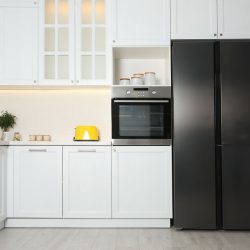 Gorgeous white cabinets and cupboards inside a bright kitchen, What Are The Standard Counter Depth Refrigerator Dimensions?